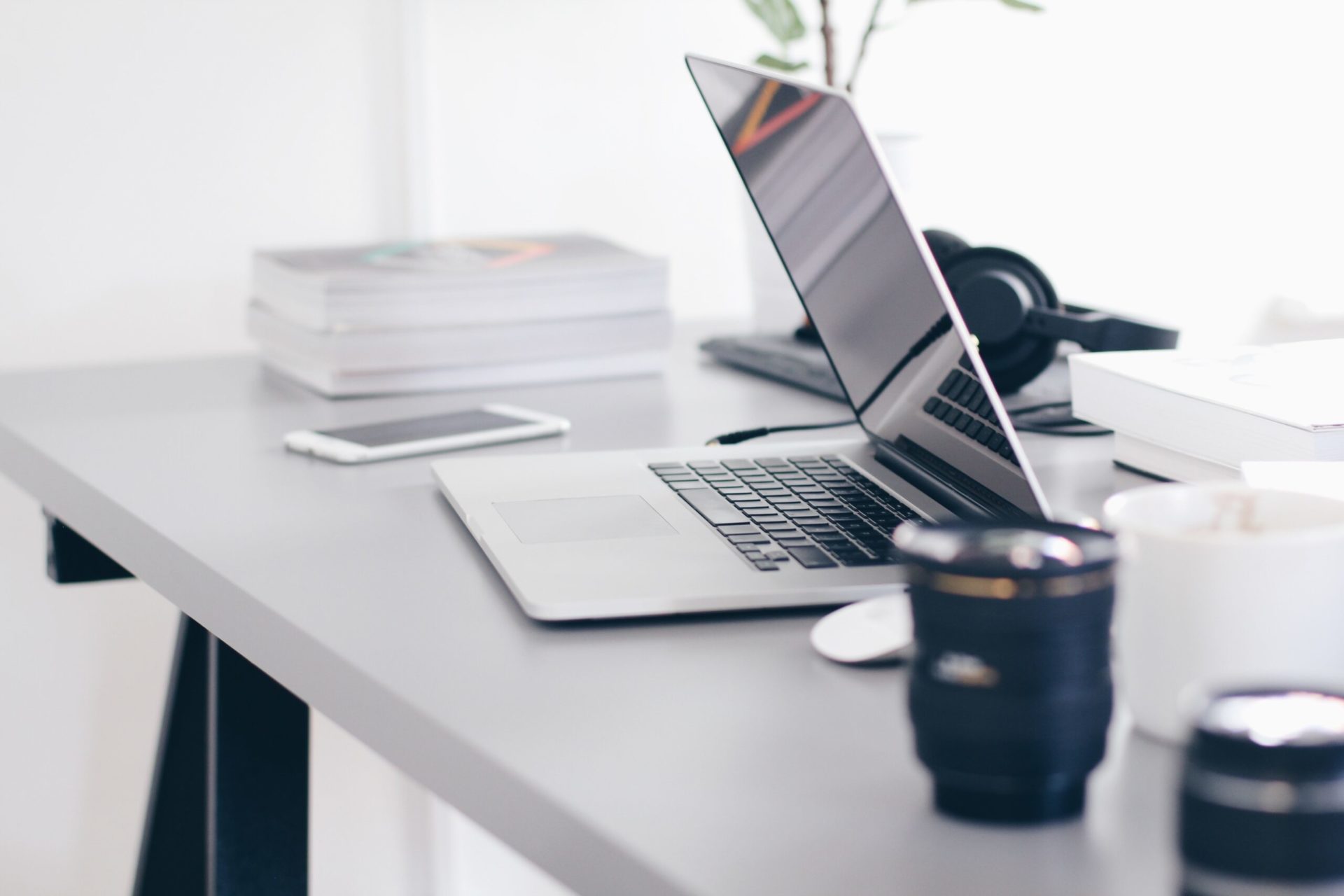 Gray Laptop on Table Top Stock Photo